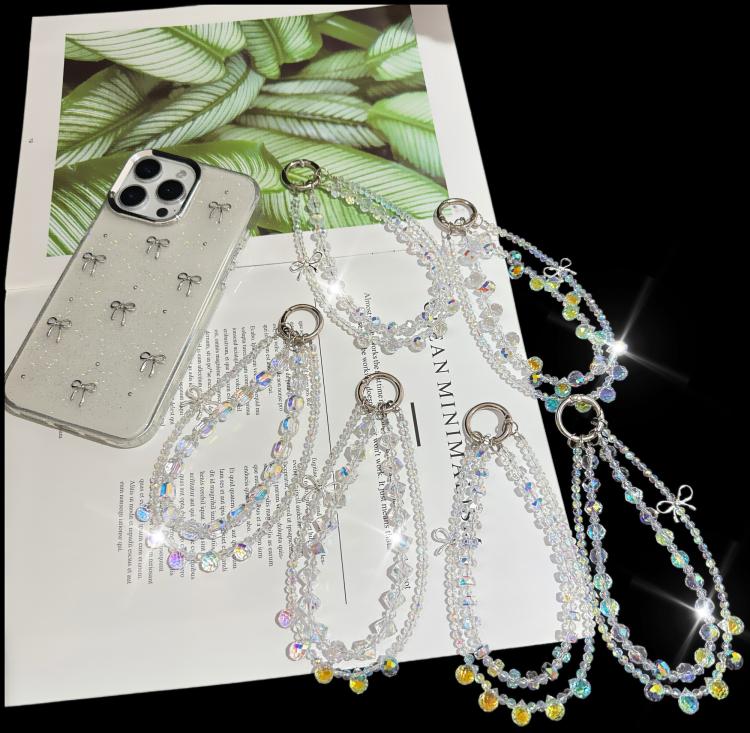 Sparkly Alloy Bow Crystal Double-Layer Phone Chain, Oval Crystal, Cushion Round Crystal, Wheel Crystal, Cube Sugar Crystal, Flower Ball Crystal, Strawberry Crystal