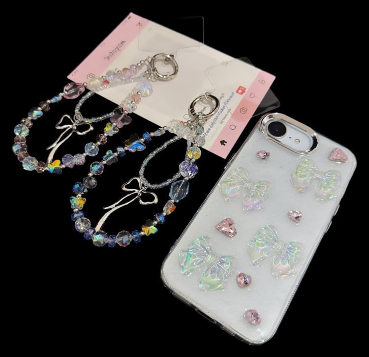 Ethereal Phantom Fantasy Crystal Bow Glowing Double Phone Chain, Pink, Blue