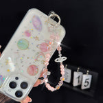Elegant Retro Saturn Iridescent Cube Phone Chain, Gold, Pink, White, Purple