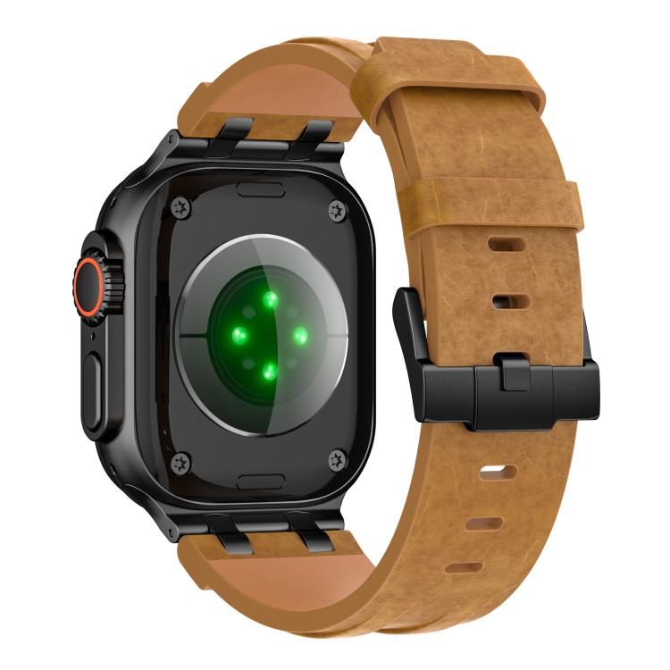 Crazy Horse Vegan Leather Stainless Steel Black Buckle Watch Band, For Apple Watch 46mm / 49mm / 45mm / 44mm