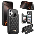 Mirror Rhombic Texture Metal Bow-knot Vegan Leather Card Bag Phone Case, For iPhone 17 Pro Max, For iPhone 17 Pro, For iPhone 17, For iPhone 16 Pro Max, For iPhone 16 Pro, For iPhone 16 Plus, For iPhone 16
