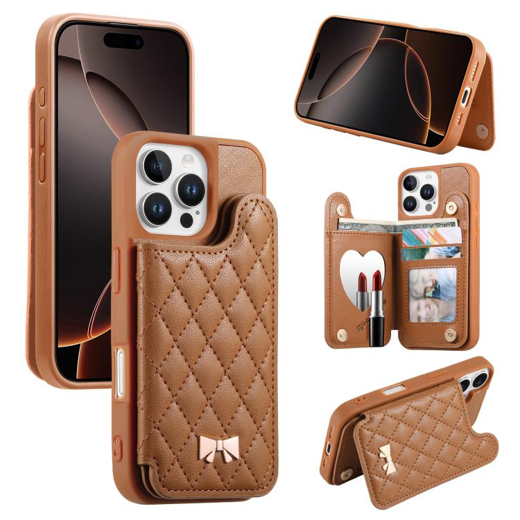 Mirror Rhombic Texture Metal Bow-knot Vegan Leather Card Bag Phone Case, For iPhone 17 Pro Max, For iPhone 17 Pro, For iPhone 17, For iPhone 16 Pro Max, For iPhone 16 Pro, For iPhone 16 Plus, For iPhone 16