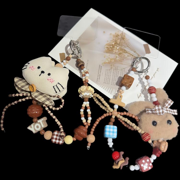 Fabric Kitten and Plush Rabbit Phone Charm, Gray, White