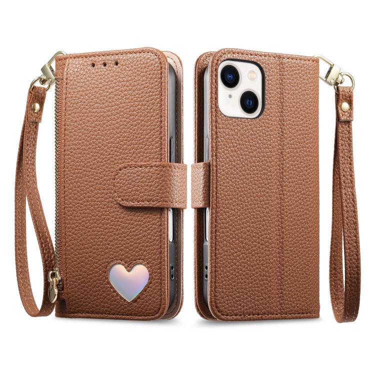 Fantasy Love Heart Zipper Wallet Vegan Leather Phone Case with Strap, For iPhone 13