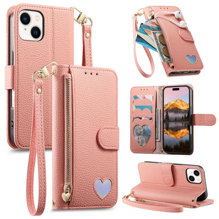 Fantasy Love Heart Zipper Wallet Vegan Leather Phone Case with Strap, For iPhone 13