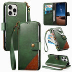 Splicing Zipper Wallet Vegan Leather Phone Case with Strap, For iPhone 15 Pro Max, For iPhone 15 Pro, For iPhone 15 Plus, For iPhone 15