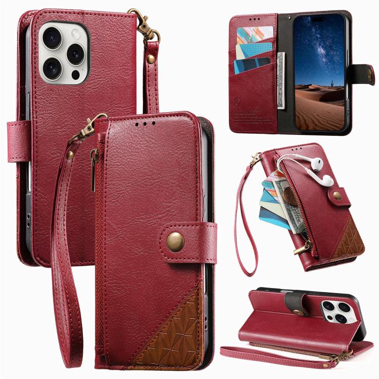 غطاء هاتف محفظة بسحاب من الجلد النباتي مع حزام، لهواتف iPhone 15 Pro Max، iPhone 15 Pro، iPhone 15 Plus، iPhone 15