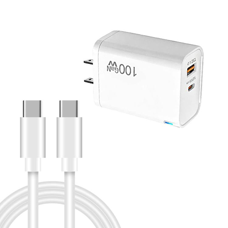 PD47 GaN 100W PD Type-C + QC3.0 USB Charger with Type-C to Type-C Data Cable, US Plug, US Plug