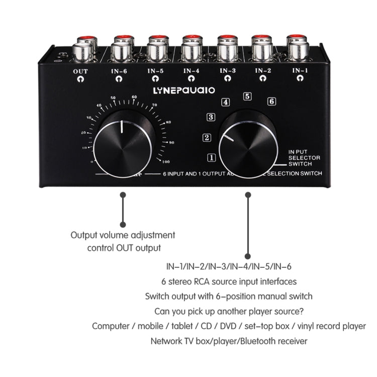 B016 6 Input 1 Output Audio Signal Source Selection Switcher, Output Volume Adjustment Control RCA Port, 6 Input 1 Output