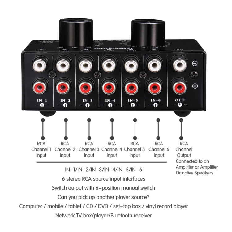 B016 6 Input 1 Output Audio Signal Source Selection Switcher, Output Volume Adjustment Control RCA Port, 6 Input 1 Output
