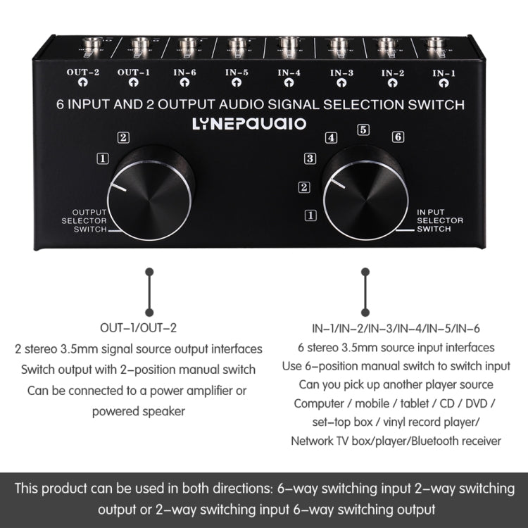B027 6 input 2 output or 2 input 6 output audio signal source selection switcher 3.5mm interface