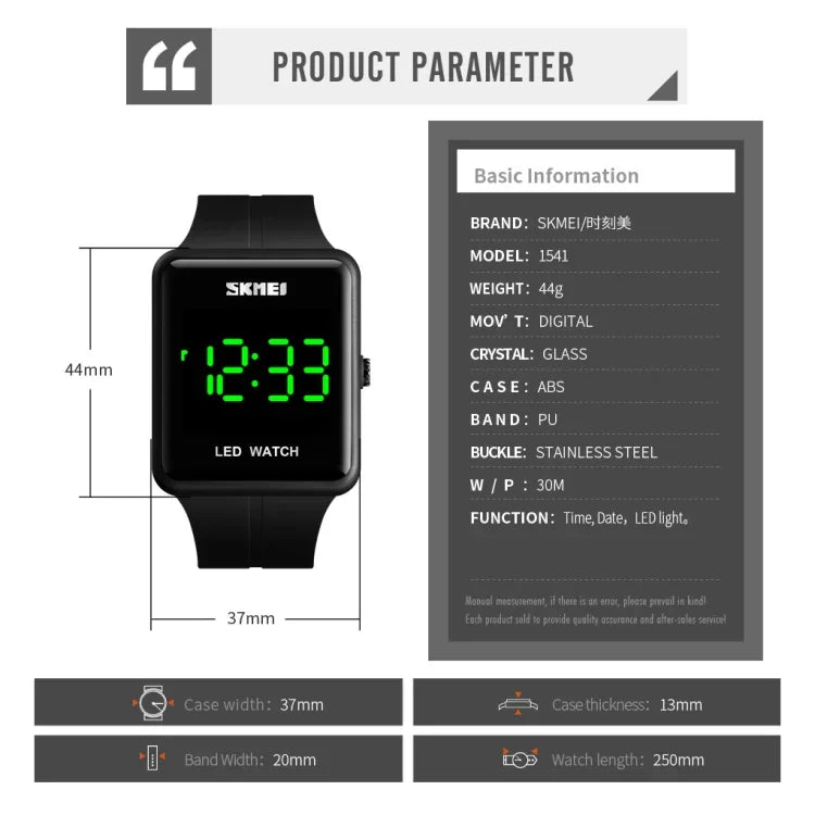 SKMEI 1541 Fashion Led Watch Square Couple Model Waterproof Electronic Watch Silicone Watch