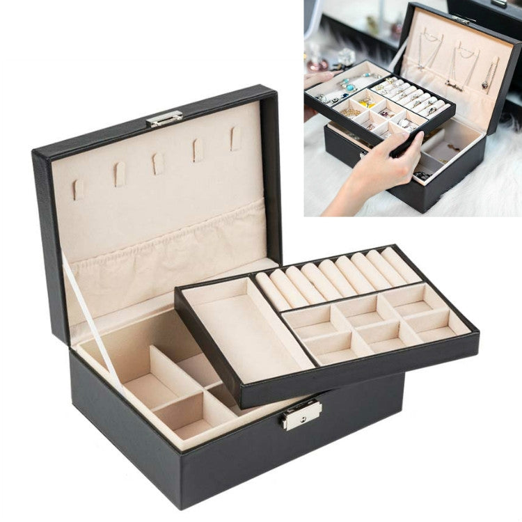 Portable Leather Jewelry Storage Box Necklace Ring Watch Storage Box, Double Layer