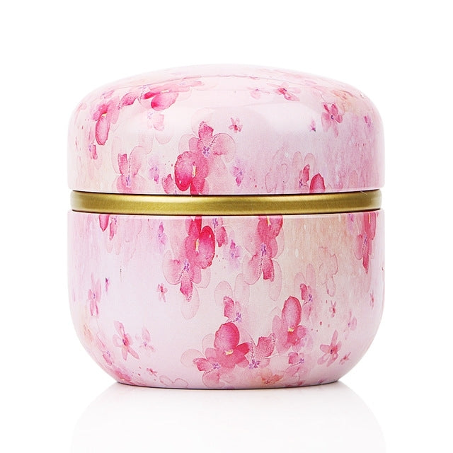 HOOMIN Tea Box Tea Jar Storage Holder Tea Caddies Matcha Container Mini Coffee Powder Organizer Cans Multifunction Round Metal, At a glance, Cherry color, Flowery, Colorful clouds, Shallow wind, Moshan blossom