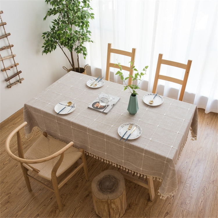 Square Lattice Embroidered Tablecloth Pure Color Cotton Linen Tassel Rectangular Coffee Table Mat, 60x60cm, 90x90cm, 90x140cm, 110x110cm, 100x160cm, 110x170cm, 140x140cm, 140x180cm, 140x200cm