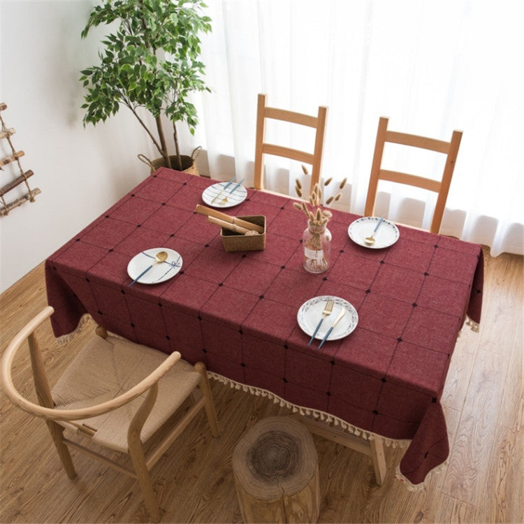 Square Lattice Embroidered Tablecloth Pure Color Cotton Linen Tassel Rectangular Coffee Table Mat, 60x60cm, 90x90cm, 90x140cm, 110x110cm, 100x160cm, 110x170cm, 140x140cm, 140x180cm, 140x200cm
