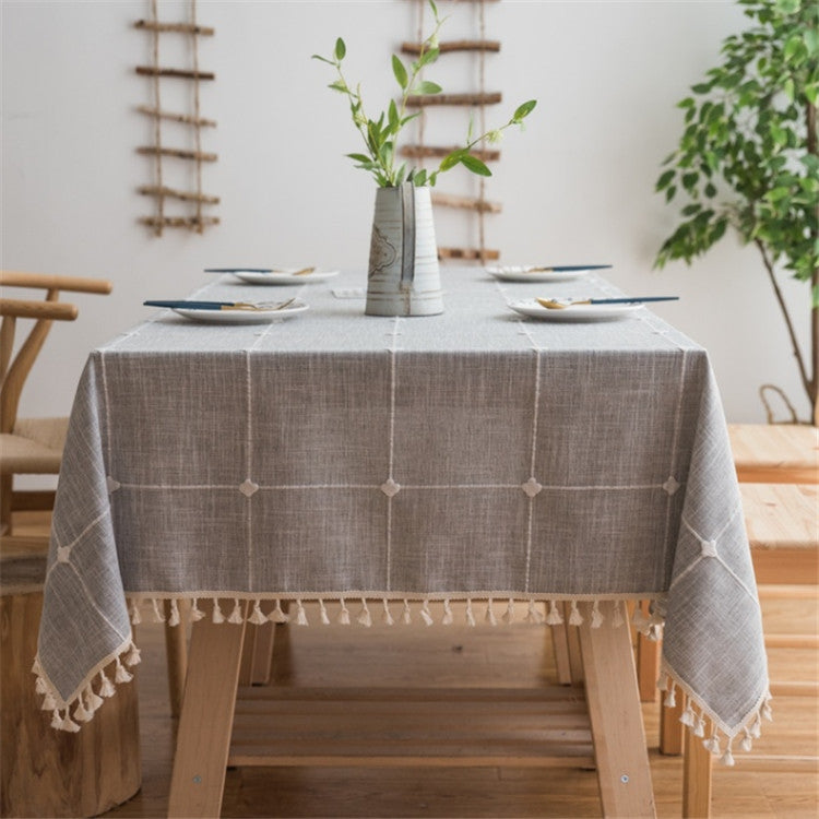 Square Lattice Embroidered Tablecloth Pure Color Cotton Linen Tassel Rectangular Coffee Table Mat, 140x220cm, 140x240cm, 140x260cm, 140x300cm