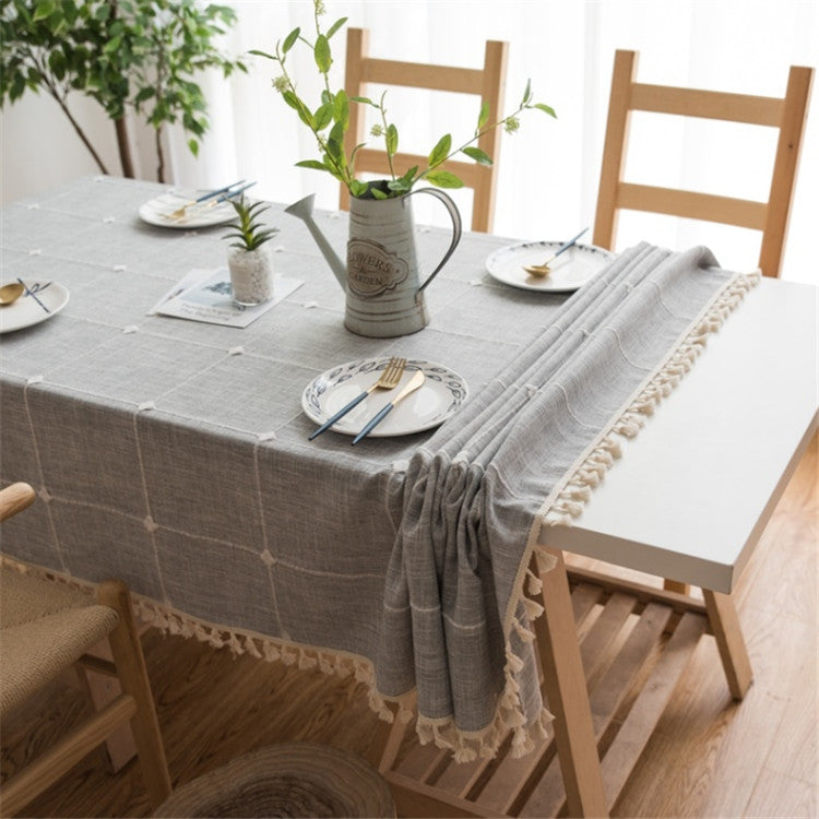Square Lattice Embroidered Tablecloth Pure Color Cotton Linen Tassel Rectangular Coffee Table Mat, 140x220cm, 140x240cm, 140x260cm, 140x300cm