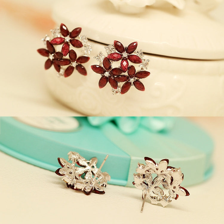 Fashion Zircon Rhinestone 3 Flower Stud Earrings for Women Jewelry, red, black