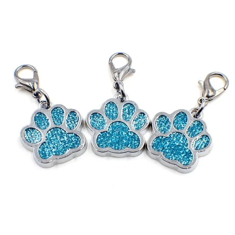3 blue glitter enamel cat dog key chain charms in paw print design for jewelry making