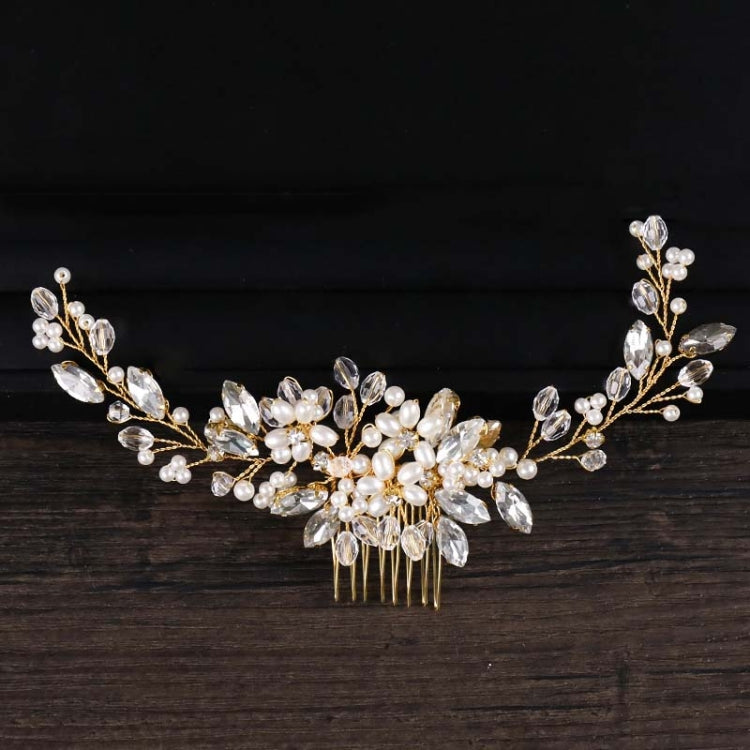 Golden Pearl Headband Tiaras Crystal Rhinestone Bridal Hair Combs Headpiece, Golden Pearl
