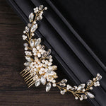 Golden Pearl Headband Tiaras Crystal Rhinestone Bridal Hair Combs Headpiece, Golden Pearl