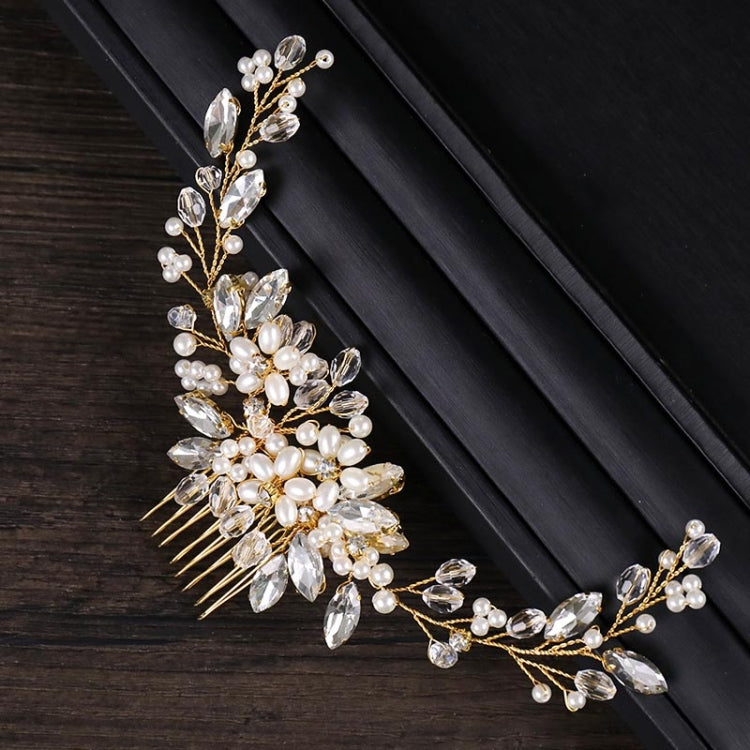 Golden Pearl Headband Tiaras Crystal Rhinestone Bridal Hair Combs Headpiece, Golden Pearl