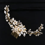 Golden Pearl Headband Tiaras Crystal Rhinestone Bridal Hair Combs Headpiece, Golden Pearl