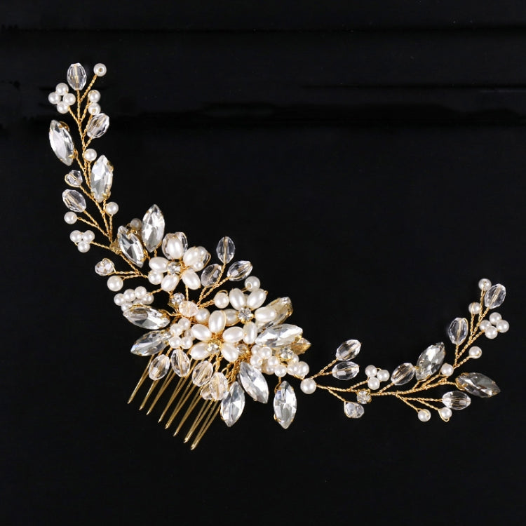 Golden Pearl Headband Tiaras Crystal Rhinestone Bridal Hair Combs Headpiece, Golden Pearl