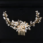 Golden Pearl Headband Tiaras Crystal Rhinestone Bridal Hair Combs Headpiece, Golden Pearl