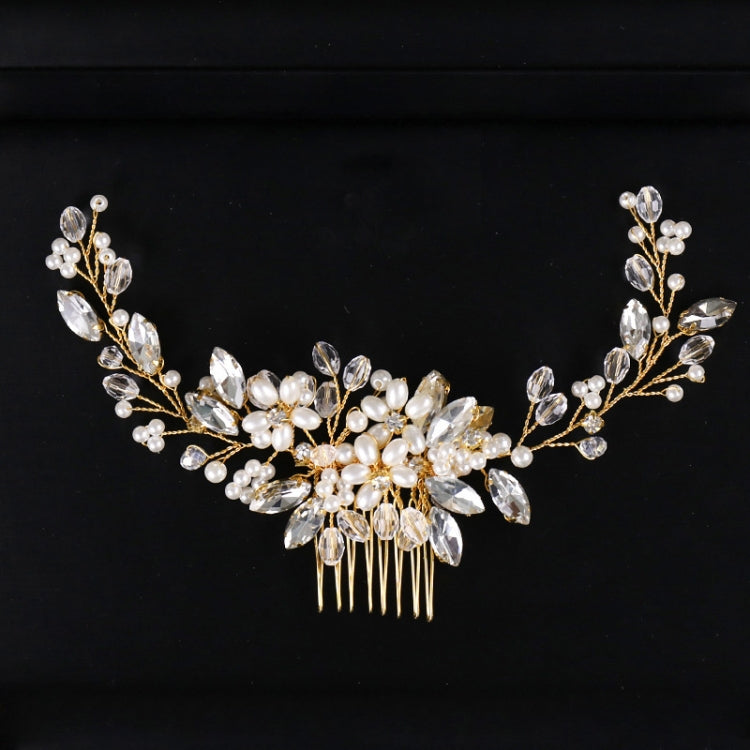 Golden Pearl Headband Tiaras Crystal Rhinestone Bridal Hair Combs Headpiece, Golden Pearl