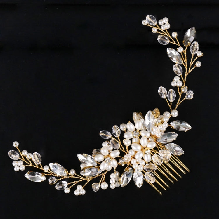 Golden Pearl Headband Tiaras Crystal Rhinestone Bridal Hair Combs Headpiece, Golden Pearl