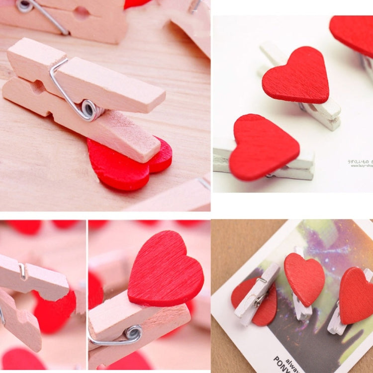 50 PCS Mini Red Heart Love Wooden Photo Paper Peg Pin Clothespin Craft Postcard Clips, Postcard Clips