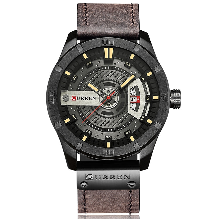 CURREN M8301 Men Military Sports Watch Quartz Date Clock Leather Wristwatch, black case orange, black case red, black case black face deep brown band, black case grey face light brown band, black case blue