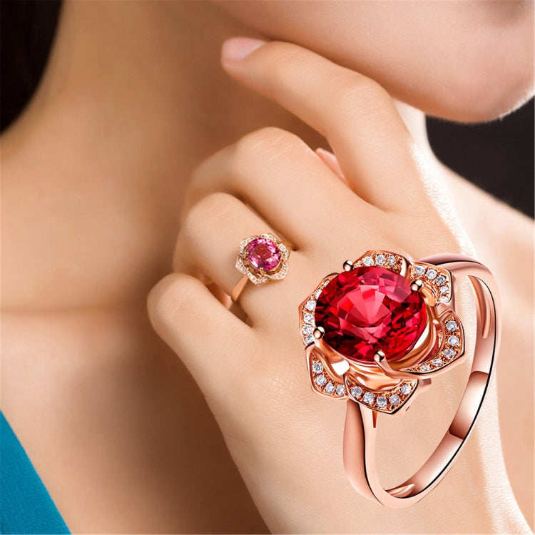 Fashion Red Tourmaline Rose Gold Flower Shape Women Ring, 6, 7, 8, 9, 10