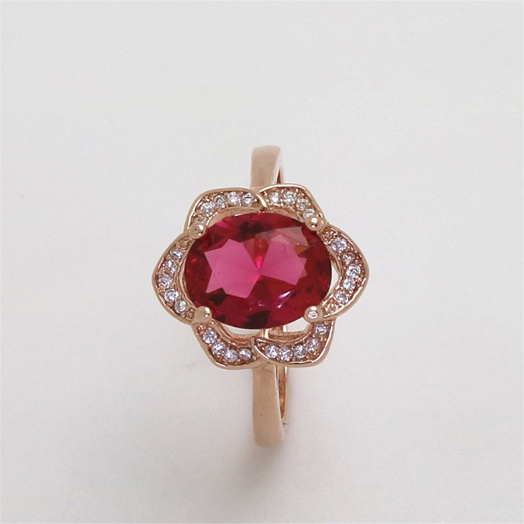 Fashion Red Tourmaline Rose Gold Flower Shape Women Ring, 6, 7, 8, 9, 10