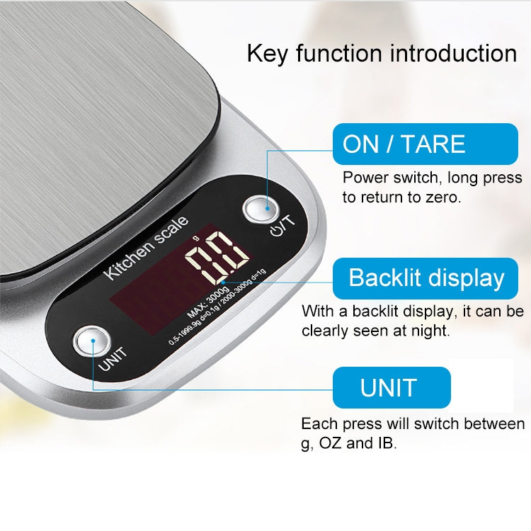 BOH-C305 Kitchen Stainless Steel LCD  Electronic Scale, Specification: 5kg/0.1g, 5kg/0.1g