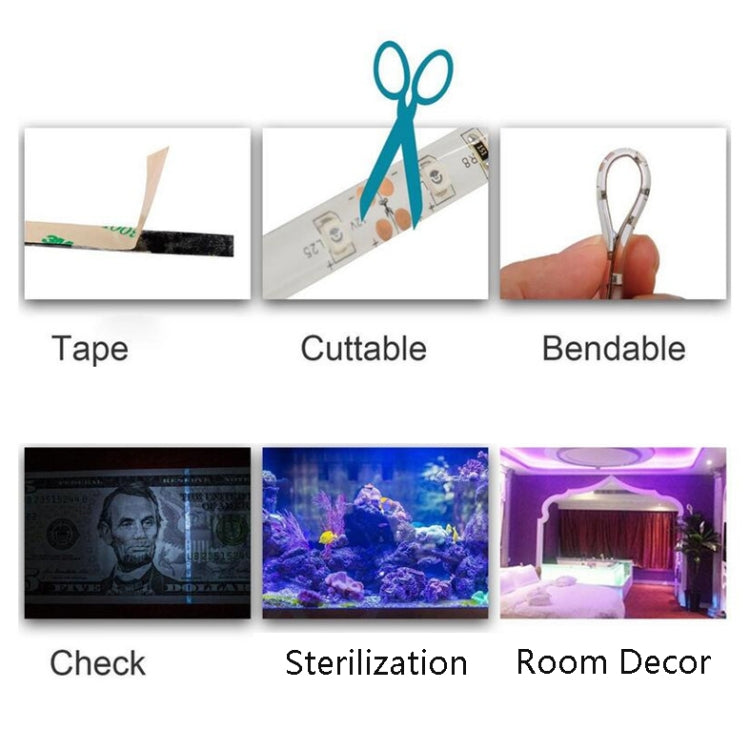 شريط إضاءة LED SMD 2835 ضوء بنفسجي فوق بنفسجي، شريط إضاءة زخرفي مقاوم للماء 5 أمتار، مقاوم للماء 10 أمتار، شريط عاري 5 أمتار، شريط عاري 10 أمتار