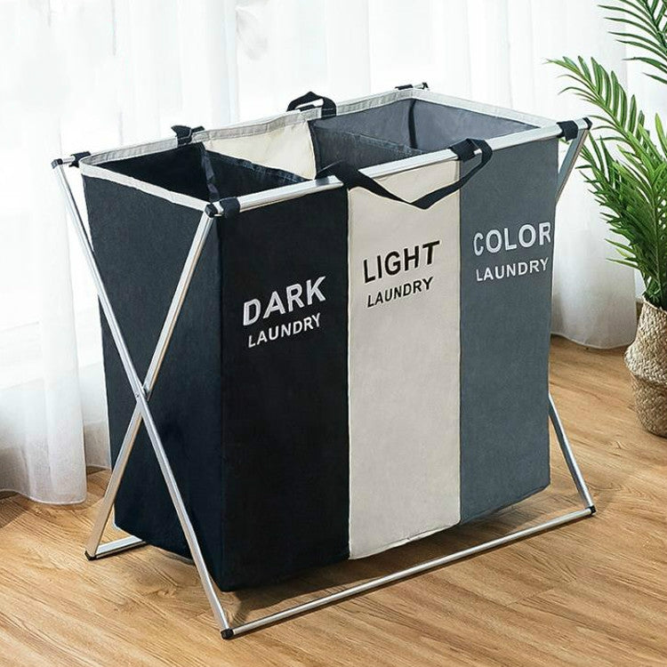 Fabric Folding Hamper Waterproof Padded Oxford Compartment Laundry Basket Hamper, 2 Grids Black and Beige, 2 Grids Grey and Beige, 3 Grids