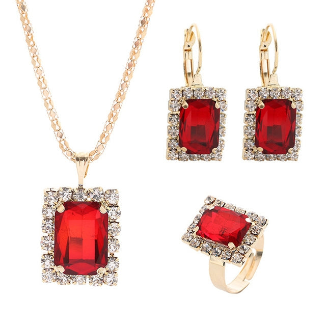 Square Crystal Necklace Earrings Ring For Women Jewelry Sets, Red, Green, Black, White, Royal Blue, Lake Blue