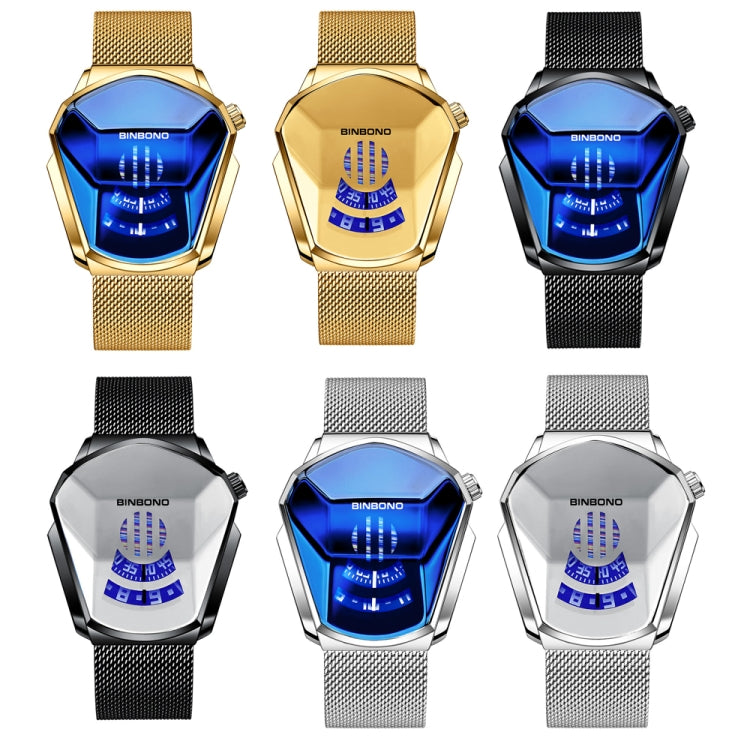 BINBOND Locomotive Concept Watch Men Live Black Technology Watch, Gold Net Belt Full Gold Blue Face, Gold Net Belt Full Gold Gold Face, Black Net Belt Black Steel Blue Face, Black Net Belt Black Steel White Face, White Net Belt White Steel Blue Face   ...