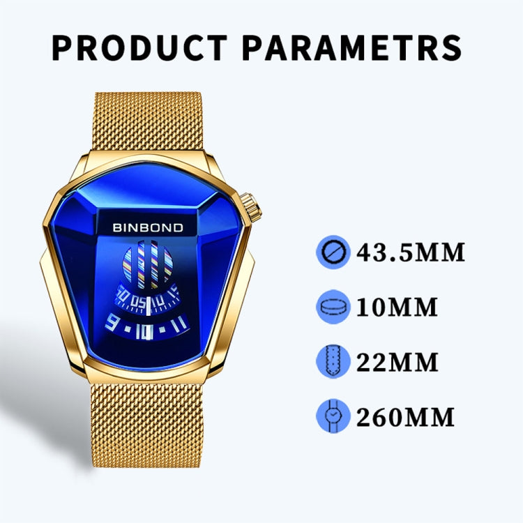 BINBOND Locomotive Concept Watch Men Live Black Technology Watch, Gold Net Belt Full Gold Blue Face, Gold Net Belt Full Gold Gold Face, Black Net Belt Black Steel Blue Face, Black Net Belt Black Steel White Face, White Net Belt White Steel Blue Face   ...