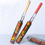 2 PCS Hot Dog Barbecue Cage Sausage Barbecue Clip Barbecue Clip Mesh Wooden Handle Barbecue Mesh Rack, Wood color, Red