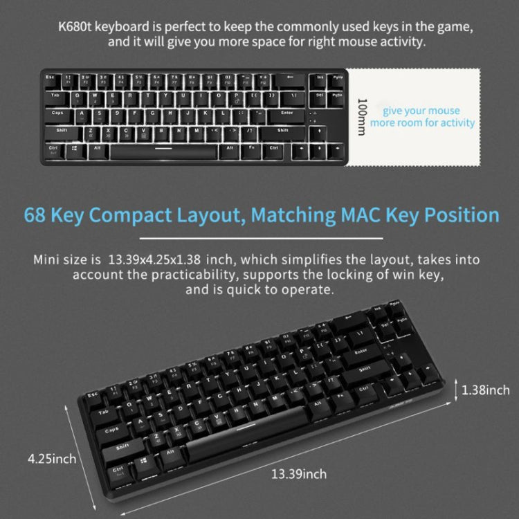 Ajazz K680T Mini USB Wired Dual-mode Charging 68-keys Laptop Bluetooth Mechanical Keyboard, Cable Length: 1.6m, Green Shaft, Black Shaft, Tea Shaft