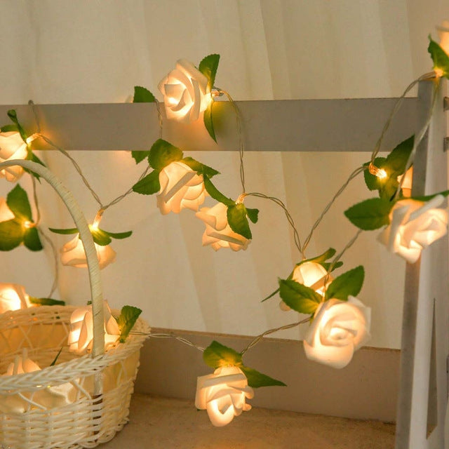 Rose Flower Battery Powered Fairy Lights Wedding Home Birthday Party Garland Decor String Lamp, Warm White, White Light