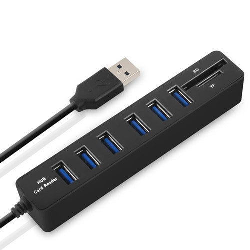 موزع USB 2.0 متعدد المنافذ عالي السرعة مع 6 منافذ وقارئ بطاقات TF SD