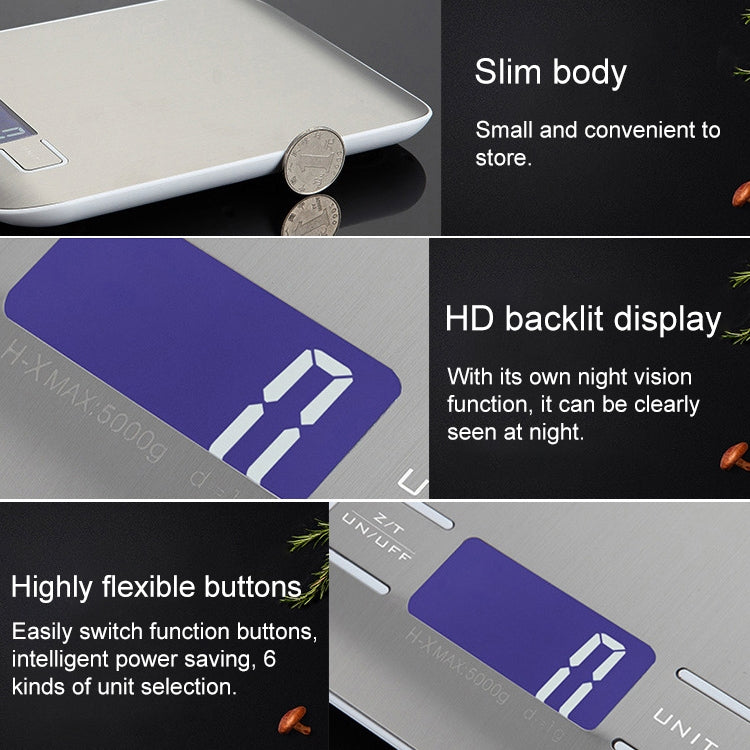 Digital Multi-function Stainless Steel Food Kitchen Scale with LCD Display, 5kg/1g, Rose Gold, 5kg/1g, Silver