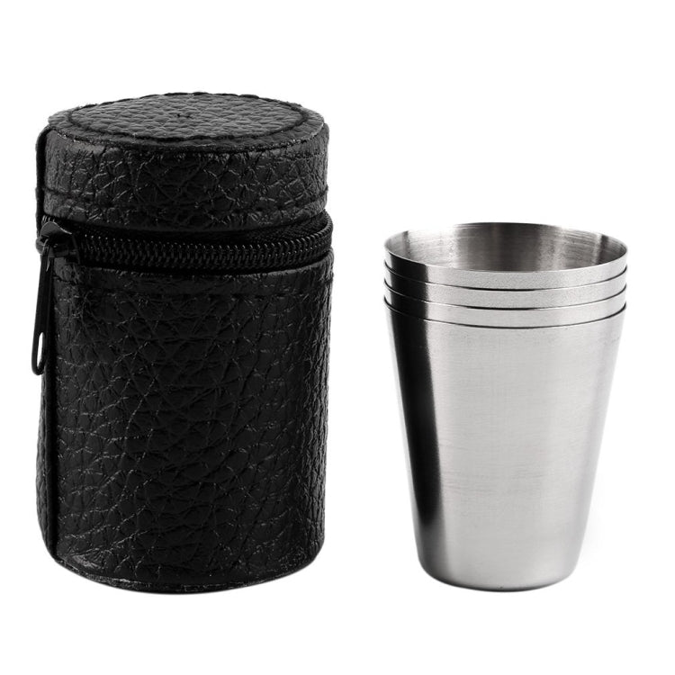 4 in 1 Outdoor Mini Stainless Steel Cup Hiking Camping Travel Portable Drinking Water Cup Set Leather Cup, 30ML