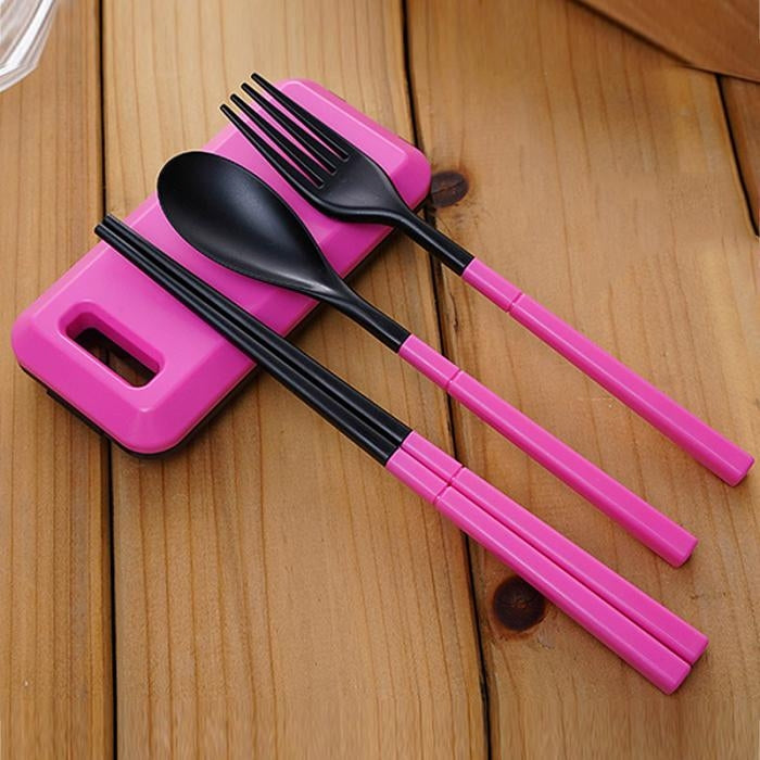 3 in 1 ABS Folding Dinnerware Cutlery Fork Chopsticks Set with Storage Box Outdoor Camping Hiking Traveling Tableware Set