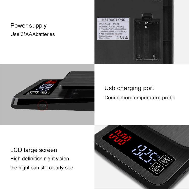 Household Hand-Pushed Coffee Scale USB-Powered Smart Kitchen Scale With Timing, 3kg/0.1g, 5kg/0.1g, 10kg/1g